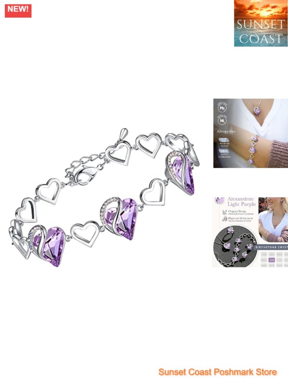 Rhodium Plated Crystal Heart Infinity Charm Bracelet for Women, Hypoallergenic